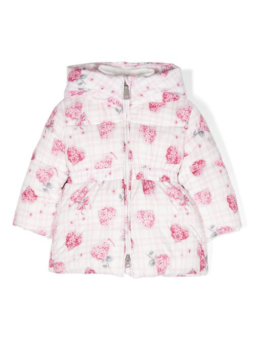 Floral-print hooded puffer coat - White