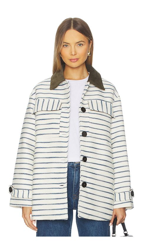 Maude Club Millie Coat in Ivory Blue Stripe. XS also in L