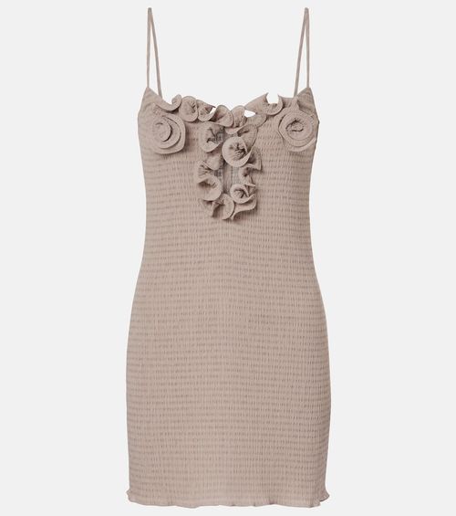 Floral-appliqué shirred minidress