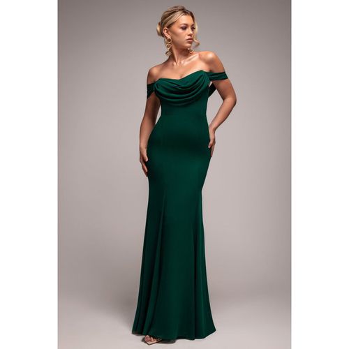 Goddiva Chiffon Bardot Cowl Neck Maxi Dress - Emerald Green