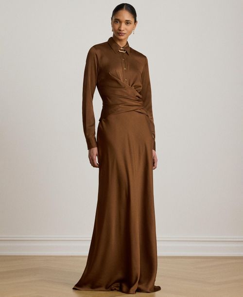 Pleated Button-Up Charmeuse Gown - Light Tobacco