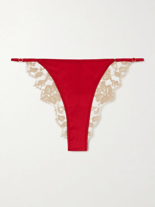 Orchid Leavers Lace And Silk-blend Satin Briefs - Red