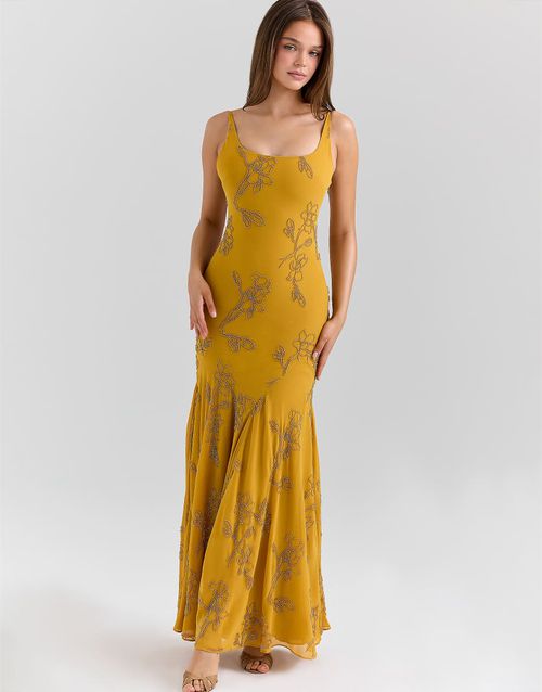 Rosalia gold embellished hand beaded maxi dress in gold