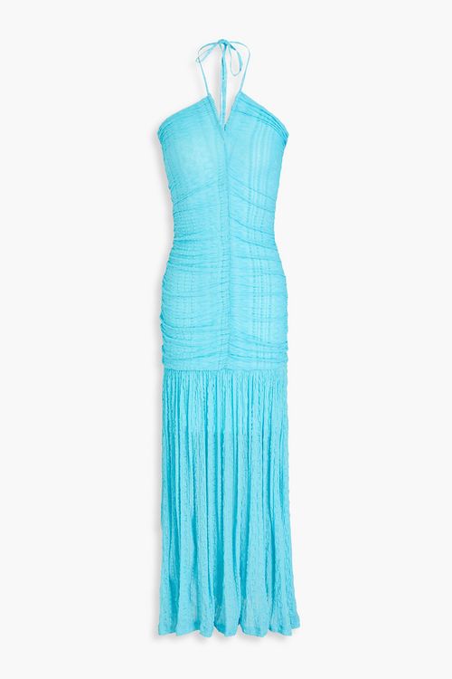 Ruched textured-knit halterneck maxi dress - Blue - DE 36