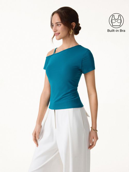 Cooling SkinKiss Asymmetrical Shoulder Bra Top - Dark Marine