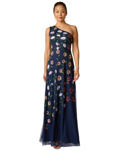 Women's One Shoulder Mesh Long Dress - Navy Multi