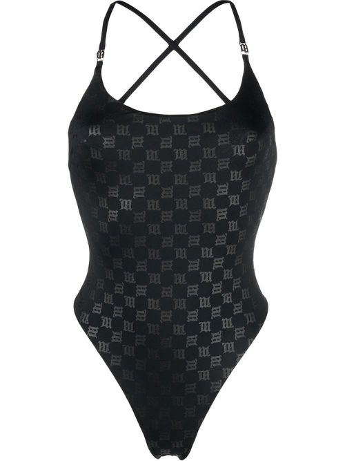 Monogram-pattern one-piece swimsuit - Black