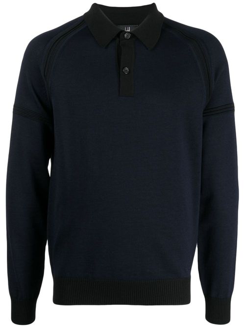 Long raglan-sleeve wool polo shirt - Blue