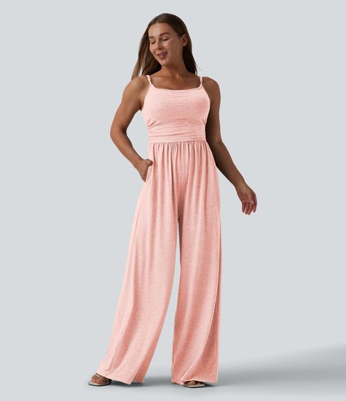 Adjustable Straps Ruched Wide Leg Heathered Casual Jumpsuit with Pockets-Easy Peezy  - Creole Pink Floral Yarn
