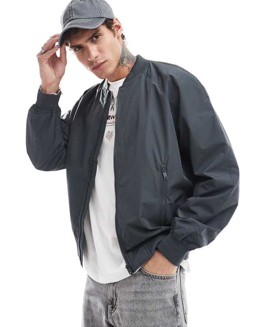 Bershka nylon bomber jacket in black
