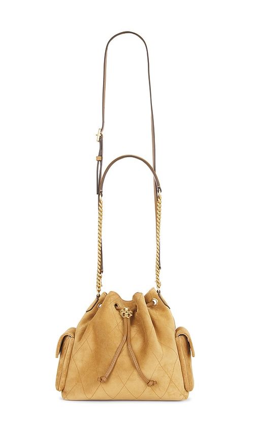 Tory Burch Charlie Quilted Suede Drawstring Shoulder Bag in Toffee. a