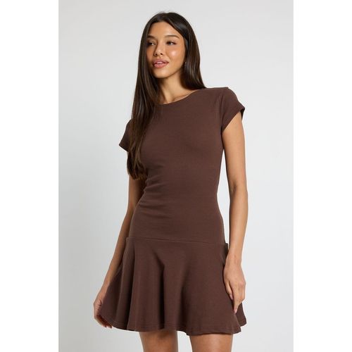 Boohoo Womens Rib Dropped Hem Cap Sleeve Skater Dress - Chocolate Cotton