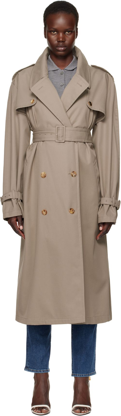 Moschino Taupe Gabardine Tailored Twist Trench Coat