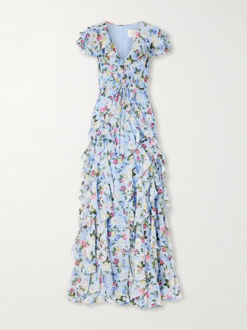 Ruffled Floral-printed Silk Chiffon Gown - Blue