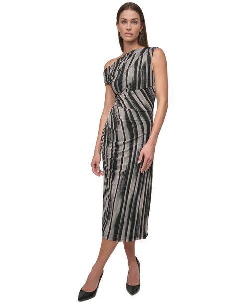 Women's Asymmetric-Neck Ruched Mesh Dress - Black Multi