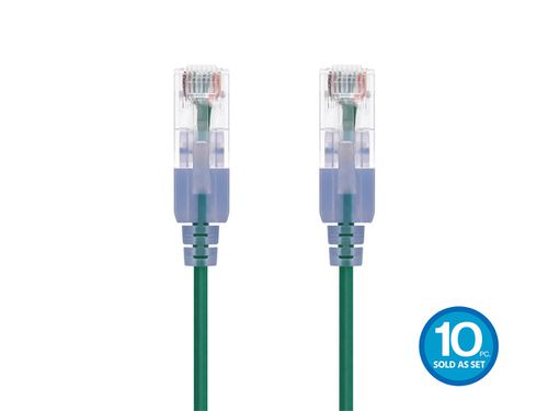 Cat6A 7ft Green 10-Pk Patch Cable, UTP, 30AWG, 10G, Pure Bare Copper, Snagless RJ45, SlimRun Series Ethernet Cable