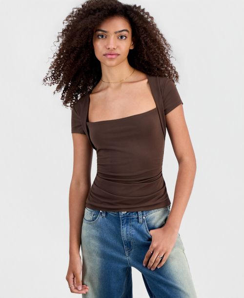 Juniors' Square-Neck Cap-Sleeve Ruched Top - Chestnut Brown