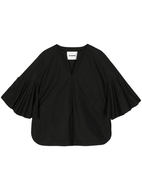 2021 flutter-sleeved cotton blouse - Black
