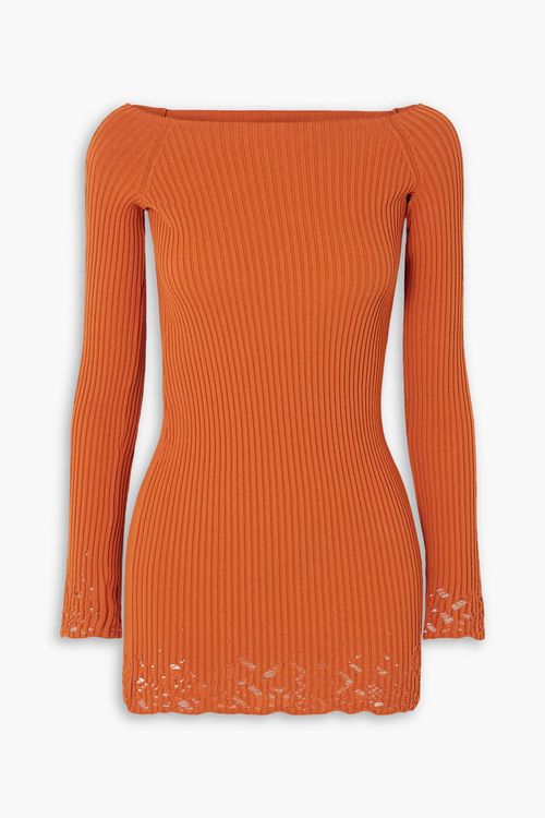 Ajour off-the-shoulder distressed ribbed-knit mini dress