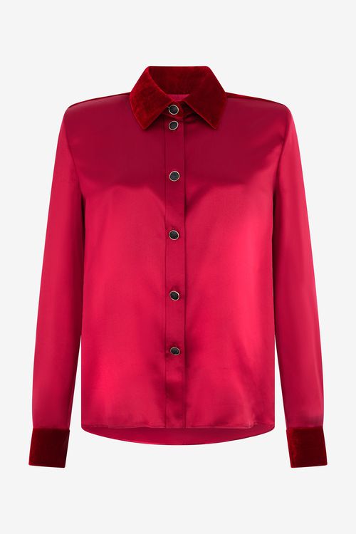 Dark Red Silk Shirt With Velvet Inserts