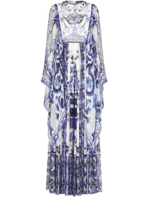 Majolica-print floor length dress - Blue