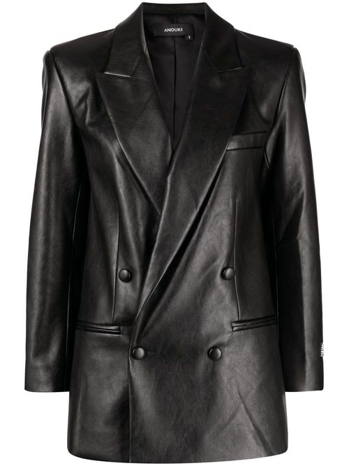 Double-breasted faux-leather blazer - Black