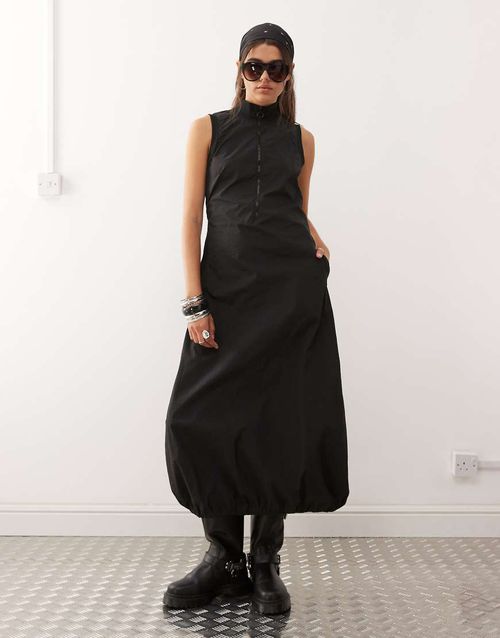 High neck tech midi dress in black