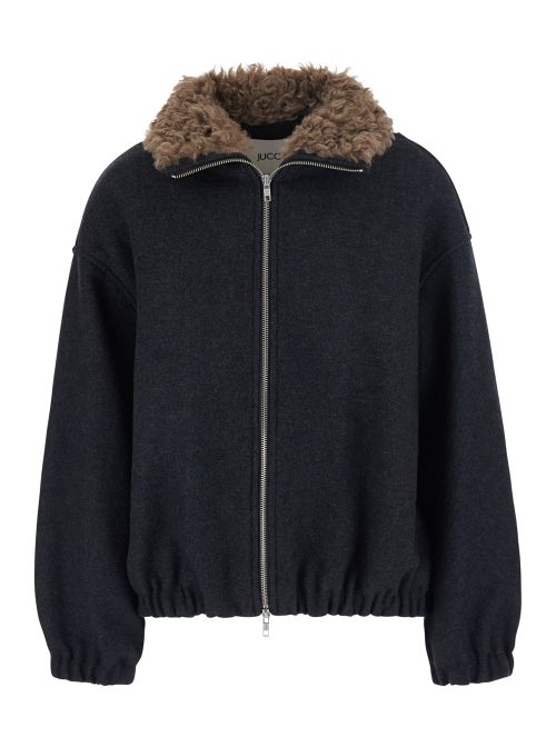Fur-Collar Wool-Blend Bomber Jacket — Gray