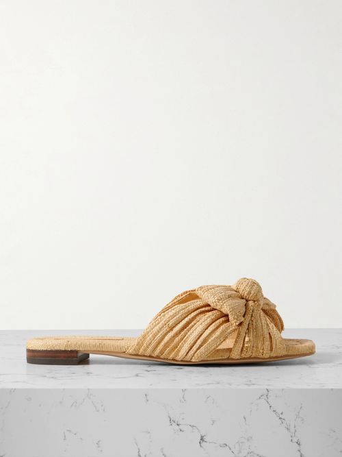 Daphne Bow-embellished Pleated Raffia Slides - Neutrals