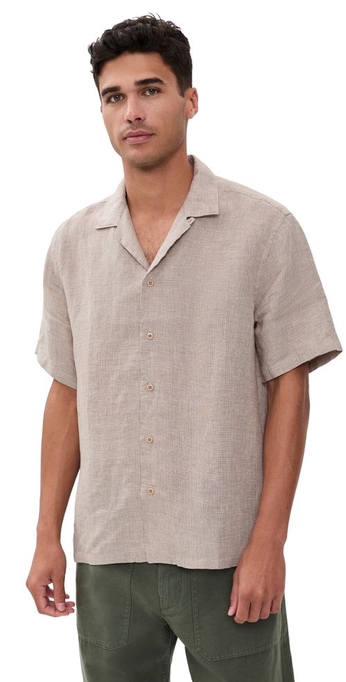 Short Sleeve Laguna Linen Camp Shirt Khaki Pincheck