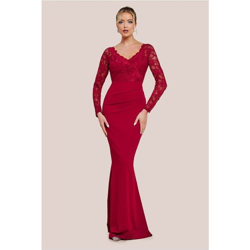 Goddiva Scalloped Lace & Scuba Maxi Dress - Wine