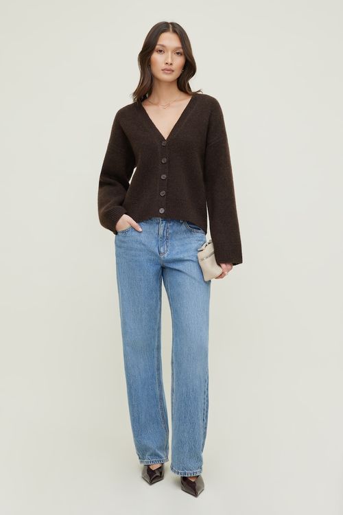 Relaxed V Neck Cardigan - Brown - Women Clothing