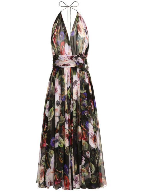 Floral-print silk midi dress - Black