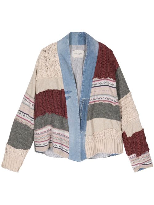 Denim-trimmed patchwork cardigan - Blue