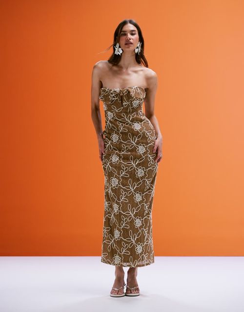 ASOS DESIGN crochet bandeau twist midi dress with floral embroidery in beige-Neutral