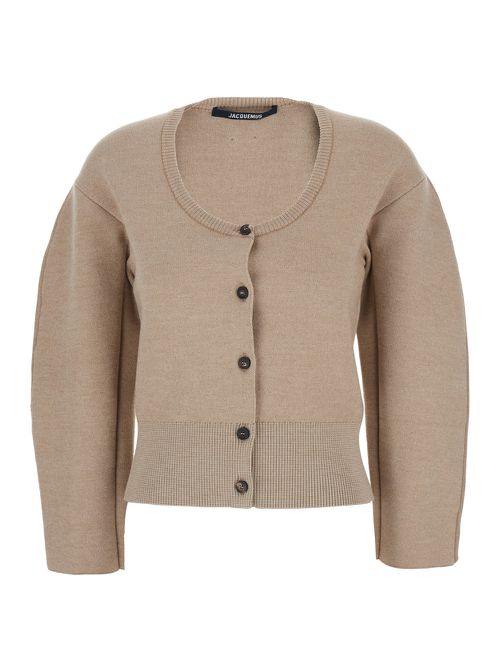 Le Gilet Doppio Beige Cardigan With Round Neck And Ribbed Trims In Wool Blend Stretch Woman