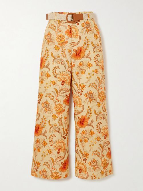 + Net Sustain Junie Belted Cropped Floral-print Linen Wide-leg Pants - Cream