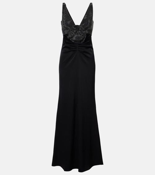 Floral-appliqué embellished satin crêpe gown