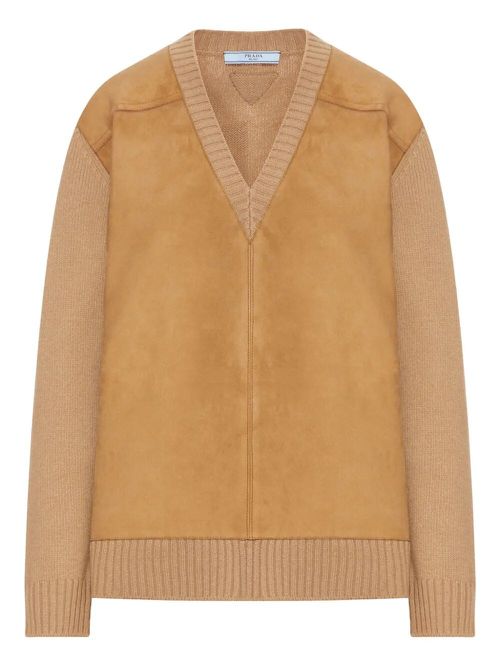 Suede-Panel V-Neck Wool Sweater