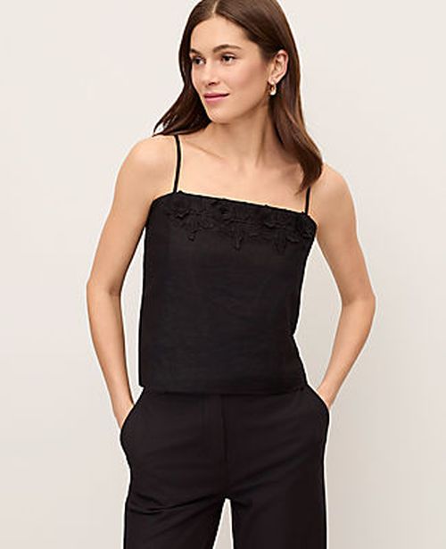 Ann Taylor Floral Appliqué Linen Blend Tank Top