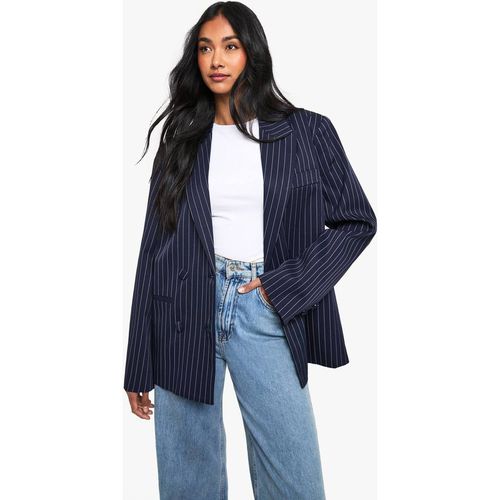 Boohoo Women's Pinstripe Double Breasted Oversized Tailored Blazer in Navy