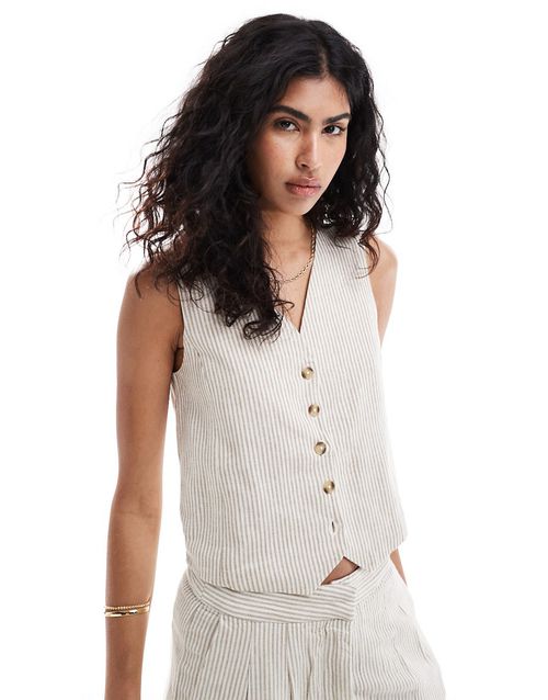 Selection linen mix pinstripe vest in white - part of a set