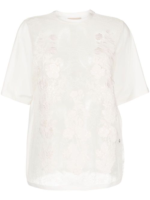 Floral-appliqué sheer T-shirt - White