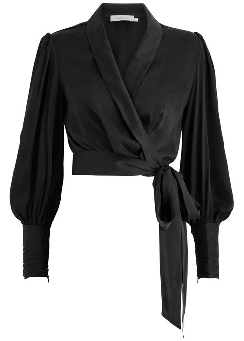 Cropped Washed Silk Wrap top - Black - 0 (UK 8 / S)