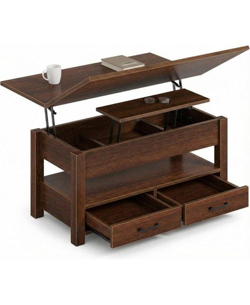 Lift Top Coffee Table with Storage, Multi-Function Convertible Coffee Table for Living Room, Adjustable Height Dining Desk - Brown