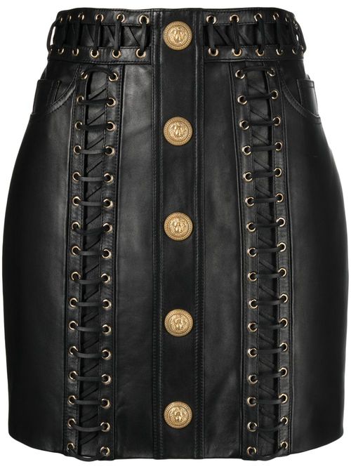 Eyelet-embellished buttoned leather miniskirt - Black