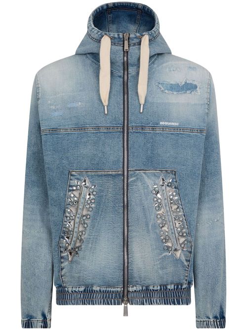 Crystal-embellished hooded denim bomber jacket - Blue