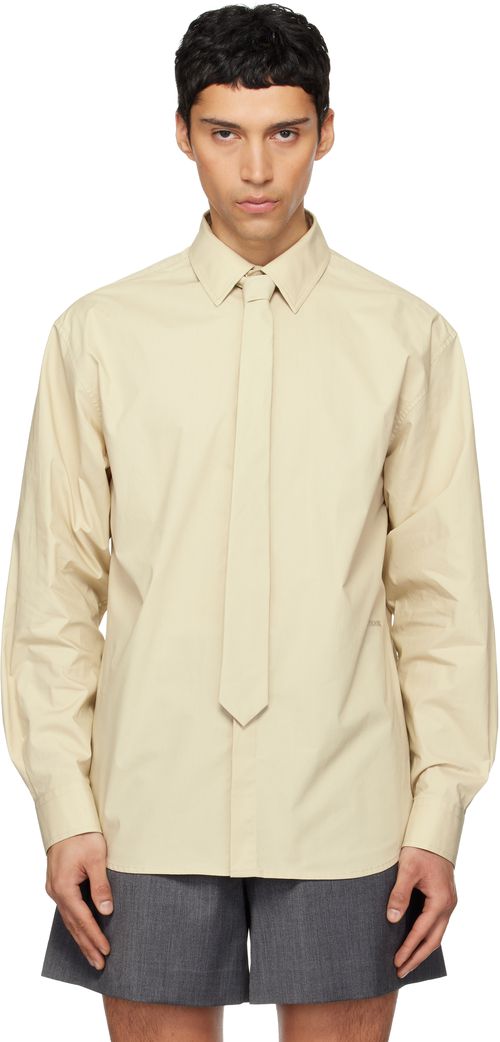Beige Solid Tie Shirt