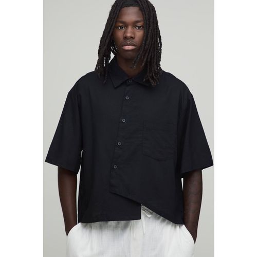 BoohooMAN Mens Oversized Boxy Asymmetric Linen Half Sleeve Shirt - Black - Large