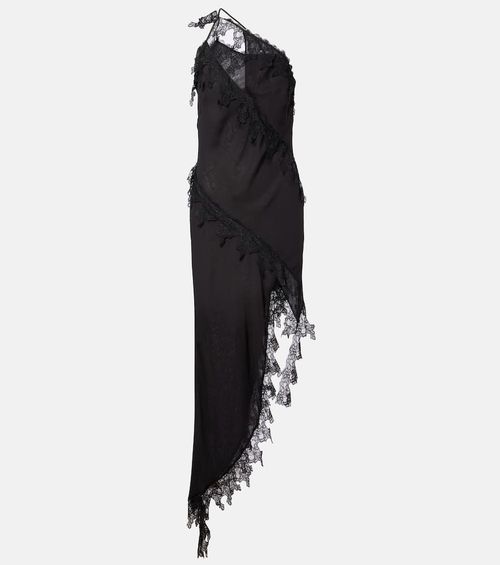 Asymmetric lace-trimmed midi dress